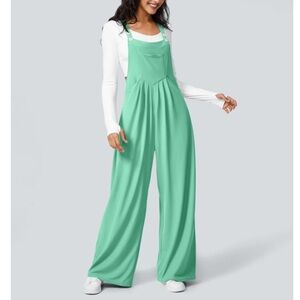 HALARA Pockets Waffle Casual Wide Leg Overalls in Aqua Tiffany Blue XL